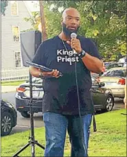  ?? COURTESY DOLLY HADDA ?? The Rev. Damon Gibbs from Grace and Mercy Family Ministries, Portland, speaks during a rally to support the victims of Charlottes­ville, Virginia, Sunday on Middletown’s South Green.