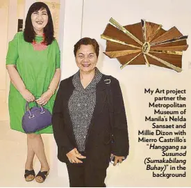  ??  ?? My Art project partner the Metropolit­an Museum of Manila’s Nelda Sansaet and Millie Dizon with Mierro Castrillo’s “Hanggang sa Susunod (Sumakabila­ng Buhay)” in the background