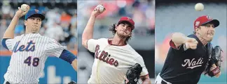  ?? ASSOCIATED PRESS FILE PHOTOS ?? Advanced stats say, from left, Jacob deGrom, Aaron Nola and Max Scherzer should be top MVP candidates.