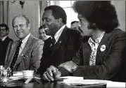  ?? ASSOCIATED PRESS ?? Then-president Gerald Ford (left) talks with Vernon Jordan (center) who was executive director of the National Urban League, and the Rev. Jesse Jackson, who was president of operation PUSH, at the White House in 1974.