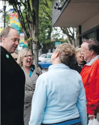  ?? FILES ?? Federal Green Party Leader Elizabeth May campaigns in 2013 with B.C. Green Party Leader Andrew Weaver, who is a staunch opponent of the Kinder Morgan pipeline expansion. A recent poll finds support for the provincial Greens at about 17 per cent, but underdogs have sprung electoral surprises recently, Don Braid writes.