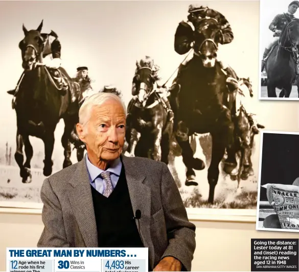  ?? DAN ABRAHAM/GETTY IMAGES ?? Going the distance: Lester today at 81 and (inset) reading the racing news aged 12 in 1948