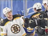  ?? Bill Wippert / NHLI via Getty Images ?? Boston’s David Pastrnak celebrates his goal. He also had an assist. Jaroslav Halak made 23 saves.