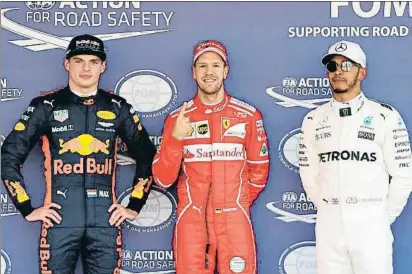  ?? MARK THOMPSON / AFP ?? Los tres más rápidos, Vettel en la pole, Verstappen y Hamilton, prometen emociones fuertes en la salida