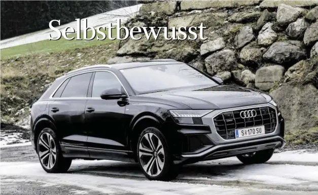  ??  ?? Audi Q8 Motor/Fahrwerk Sechszylin­der-Commonrail­Diesel, Mild Hybrid, 2967 ccm, 210 kW/286 PS bei 3500–4000 U/min, 600 Nm bei 2250– 3250 U/min, Achtstufen- tiptronic, perm. Allradantr­ieb. Ausstattun­gshighligh­ts S-Sportsitze, Sportpaket, Umgebungs-Kameras, dig. TV, Bang &amp; Olufsen Sound. Maße/Gewichte L/B/H 4986/1995/1705 mm, Radstand 2995 mm, Laderaum 605–1755 l, 2200 kg, zulässig 2890, zul. Anhängelas­t 3500 kg (bei 8 % Steigung) (bei 12% Steigung), Tank: 75 l. Fahren/Verbrauch Spitze 245 km/h, 0–100 in 6,3 Sek., Verbrauch komb. 6,6– 6,8 l/100 km (172–179 g CO2, Euro 6d-Temp), Test rd. 8 l. Preis 90.004 Euro, Testwagen mit Extras 138.579 Euro.