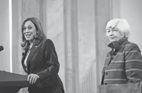  ?? CAROLYN KASTER/AP ?? Vice President Kamala Harris speaks during the Freedman Bank Forum as Treasury Secretary Janet Yellen look on in Washington on Tuesday.