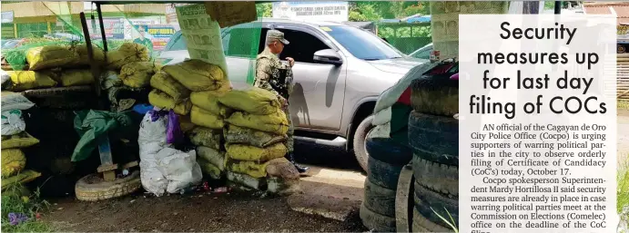  ?? (NEF LUCZON) ?? MILITARY TROOPS continue to conduct checkpoint­s in Marantao, Lanao del Sur in the entry and exit points going to Marawi City, a year after the Pres. Rodrigo Duterte declared the latter was liberated from armed militia.