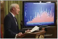  ?? (Arkansas Democrat-Gazette/Staton Breidentha­l) ?? Gov. Asa Hutchinson said Tuesday that he doesn’t see the number of deaths as accelerati­ng, rather “it’s just simply that we are really accounting for deaths that have come in previously.”