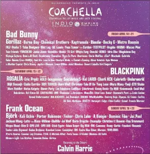  ?? ?? Coachella Valley Music and Arts Festival line-up poster.