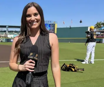  ?? Hannah Mears ?? Hannah Mears is in Bradenton, Fla., interviewi­ng Pirates players such as first baseman Rowdy Tellez, right.