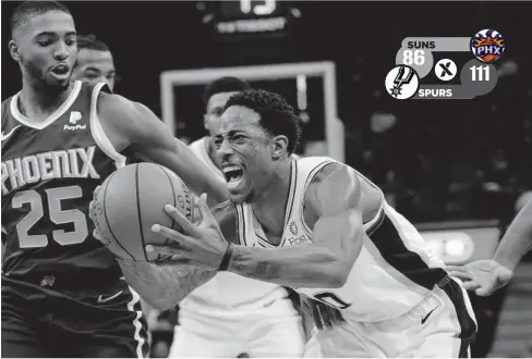  ?? FOTO: AP ?? &gt; DeMar DeRozan, de los Spurs, reacciona tras recibir foul.