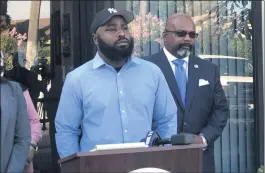  ?? BRIAN ROKOS — STAFF ?? Willie Jones III speaks during a news conference Friday. Jones said he felt coerced into signing a release and accepting a check for $4,000 that would prevent him from suing the San Bernardino County Sheriff’s Department after a deputy kicked him in the head during his arrest on June 16. His attorney, Zulu Ali, right, has filed a $5million claim.