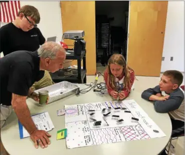  ?? BILL DEBUS — THE NEWS-HERALD ?? Jocelyn Bancroft, a sixth-grader at Madison Middle School, center, and Aidan Switalski, a sixth-grader at Wickliffe Middle School, right, explain their Solar Cockroach project to Lake County Commission­er Jerry Cirino, left foreground, on June 22. The students completed the project as part of Aerospace Engineerin­g Week at the 2018 Summer Manufactur­ing Institute, held at Auburn Career Center in Concord Township.