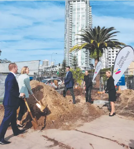  ?? Picture: SUPPLIED ?? Tennis Queensland president Warwick Nicol, Cr Brooke Patterson, MP Rob Molhoek, Tennis Gold Coast president Mike Ford and MP Angie Bell take part in a sod-turning ceremony at Southport on Friday.