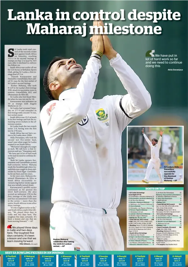  ?? AP ?? Keshav Maharaj celebrates after taking the ninth Sri Lankan wicket. —