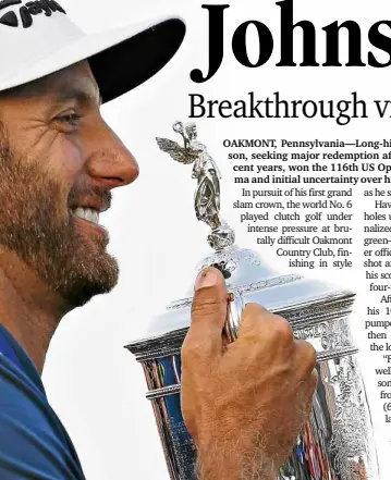  ?? AP ?? FIRST-TIME major winner Dustin Johnson holds the US Open championsh­ip trophy.