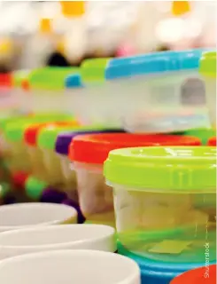  ??  ?? TOP LEFT: Plastic containers for food with coloured lids