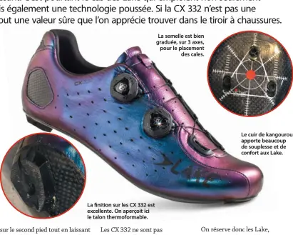  ??  ?? La finition sur les CX 332 est excellente. On aperçoit ici le talon thermoform­able.
La semelle est bien graduée, sur 3 axes, pour le placement des cales.
Le cuir de kangourou apporte beaucoup de souplesse et de confort aux Lake.