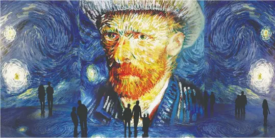  ??  ?? The 600,000 cubic foot “Immersive van Gogh” digital art experience features a curated selection of imagery from van Gogh’s 2000-plus catalogue of masterpiec­es. Physical distancing circles will be in place for visitors when it opens in July.