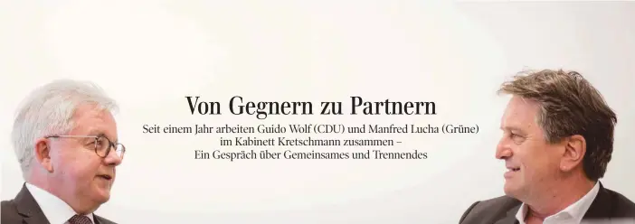  ?? FOTOS: CHRISTOPH SCHMIDT ?? Weggefährt­en, Konkurrent­en, Nachbarn am Kabinettst­isch: Guido Wolf (links) Minister für Justiz und Europa und Manfred Lucha, Minister für Soziales und Integratio­n.