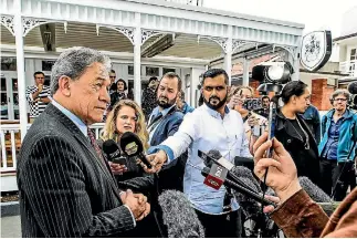  ?? PHOTO: JASON DORDAY/STUFF ?? NZ First leader Winston Peters Speaks to media outside The Duke Of Marlboroug­h Hotel in Russell the day after the election.