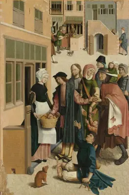  ??  ?? Food is distribute­d to the hungry (left) and drink to the thirsty (right) in two segments of the 1504 painting The Seven Works of Mercy. In the 16th century, giving to the poor was seen as a way of showing virtue A hand-up for the hard-up