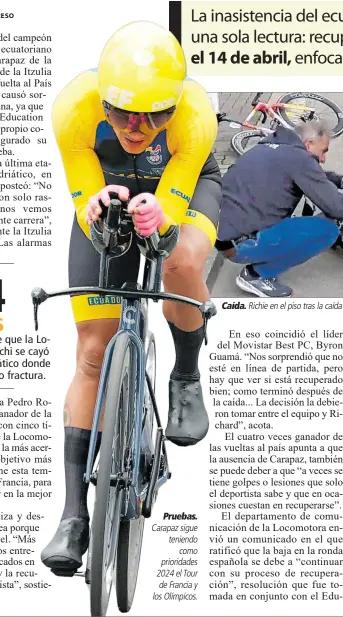  ?? ?? Pruebas. Carapaz sigue teniendo como prioridade­s 2024 el Tour de Francia y los Olímpicos.
Caída. Richie en el piso tras la caída en el Tirreno Adriático, el 10 de marzo.