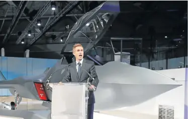  ?? Picture: AFP ?? NEXT GENERATION: UK Defence Minister Gavin Williamson speaks during the unveiling of a model of the new Tempest fighter jet at the annual Farnboroug­h Airshow, southwest of London