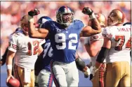  ?? NY Daily News via Getty Images ?? The Giants’ Michael Strahan celebrates after a sack in the second quarter against the San Francisco 49ers.