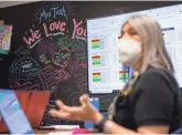  ?? ?? A wall in the break room is decorated with messages of gratitude toward Principal Sonia Tosh at Hart Elementary School in Austin, Texas on Jan. 26.