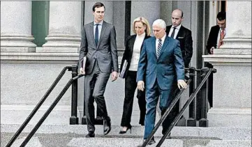  ?? TASOS KATOPODIS/SIPA USA ?? Vice President Mike Pence leads Jared Kushner, left, Homeland’s Kirstjen Nielsen and Stephen Miller after talks Saturday.