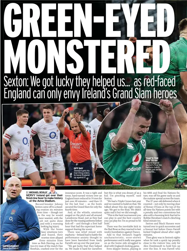  ?? ?? IMPROVEMEN­T Steve Borthwick
OFF DAY Steward gets his marching orders to leave England up against it
THAT’S THE WAY TO GO Ireland legend Sexton’s final Six Nations match might just be his favourite...