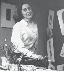  ??  ?? A janitor who remarked on her ditched portfolio helped Gloria Stoll Karn, shown in her New York studio in 1945, continue her illustrati­ons.