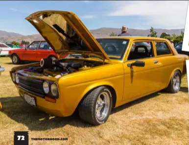  ??  ?? Evan and Vadim Pascoe have one hell of a Datsun. Originally started by their good mate Reuben, the couple, along with family and friends, took on the project and saw it through to completion. With its unmistakab­le roof chop of three inches, the factory two-door has had enough mods to fill this entire page. Shaved bumpers and flush-mounted tail lights give it a clean look; custom glass has been fitted all round, and up front sits an FJ20 turbo engine under a hornet bonnet scoop; a five-speed helps get the power down, with four-wheel disc brakes off a Nissan Fairlady helping to whoa the go; and the custom seating inside looks awesome in black suede. The couple wishes to give special thanks to the Summers family and everyone who helped finish Reuben’s project