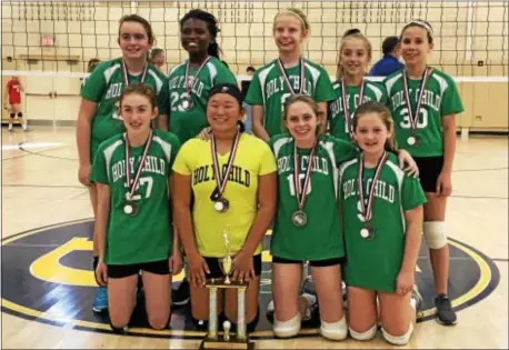  ?? SUBMITTED PHOTO ?? Holy Child Academy, Drexel Hill, placed second in the Catholic Youth Organizati­on Region 25 Varsity Volleyball Finals. Pictured in back are, from left: Kirstin Blake McGarvey, Taylor Murrell, Ava Barrera, Ella Zwilling and Lillian Facenda. In front...