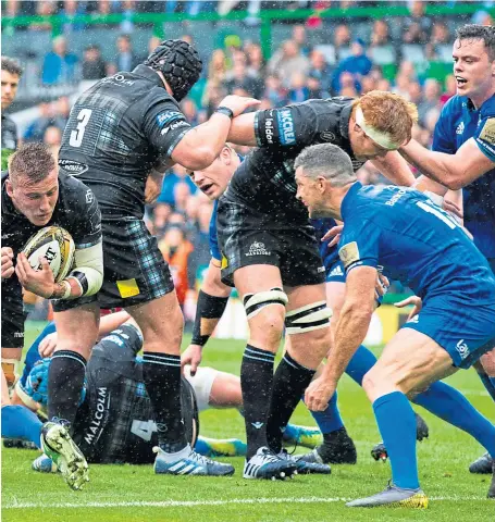  ??  ?? Matt Fagerson breaks through to score the opening try when Glasgow met Leinster in last season’s Pro14 final at Celtic Park. SNS.