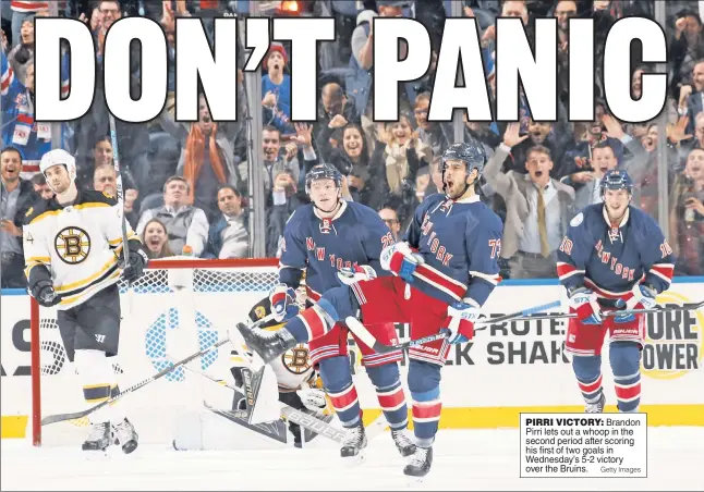  ?? Getty Images ?? PIRRI VICTORY: Brandon Pirri lets out a whoop in the second period after scoring his first of two goals in Wednesday’s 5-2 victory over the Bruins.