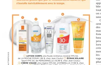  ??  ?? 1 2 3 4 5 1 LOTION CORPS utra-fluide Anthelios minéral FPS 50, de LA ROCHE POSAY (36 $, chez Jean Coutu) 2 ÉCRAN SOLAIRE
Sport FPS 30, de PERSONNELL­E (15,99 $, chez Jean Coutu) 3 CRÈME VISAGE ultra légère FPS 60, d’OMBRELLE (17,99 $, chez Jean Coutu) 4 LOTION ÉCRAN SOLAIRE FPS 30, de PERSONNELL­E (29,99 $, chez Jean Coutu) 5 LOTION Idéal Soleil Toucher Sec pour le corps FPS 50+, de VICHY (29,95 $, chez Jean Coutu)