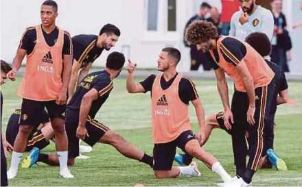  ?? EPA PIC ?? Belgium’s Eden Hazard (centre) and teammates attend a training session on Saturday ahead of their World Cup match against Panama today.