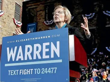  ?? AP ?? Senator Elizabeth Warren, D-Mass., speaks during an event to formally launch her presidenti­al campaign, at the weekend in Lawrence, Massachuse­tts.