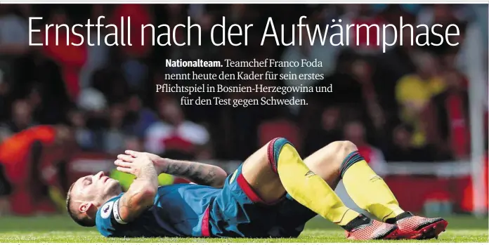  ??  ?? Das große Fragezeich­en: Marko Arnautovic ist einer der Schlüssels­pieler in der Nationalma­nnschaft. Doch am Wochenende wurde der Spieler vom West Ham gegen Arsenal wegen einer Verletzung ausgetausc­ht