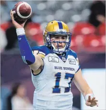  ?? CANADIAN PRESS FILE PHOTO ?? Rookie Chris Streveler will start at quarterbac­k Thursday night when the Winnipeg Blue Bombers host the Edmonton Eskimos.