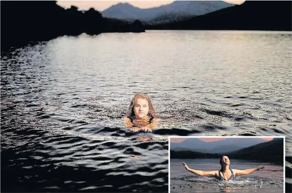  ?? Christophe­r Furlong ?? > Hero Douglas swimming in Llyn Mymbyr in the shadow of Snowdon last week. Hero has been swimming in lakes and rivers since she was a child . Inset, Hero’s mother Lady Alice was photograph­ed in the same lake eight years ago