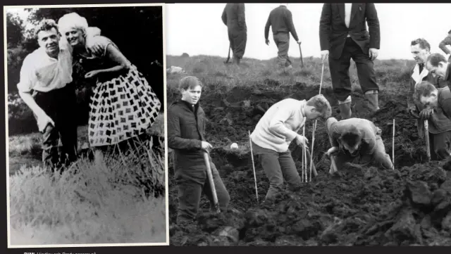  ??  ?? OVAN: Hindley och Brady poserar på 1960-talet på Saddlewort­h Moor, där de begravde sina offer.
TILL HÖGER: Bild från 1 januari 1965, en polis fortsätter att gräva på platsen där man hittade Lesley Downeys kropp, men på denna plats hittade man inga...