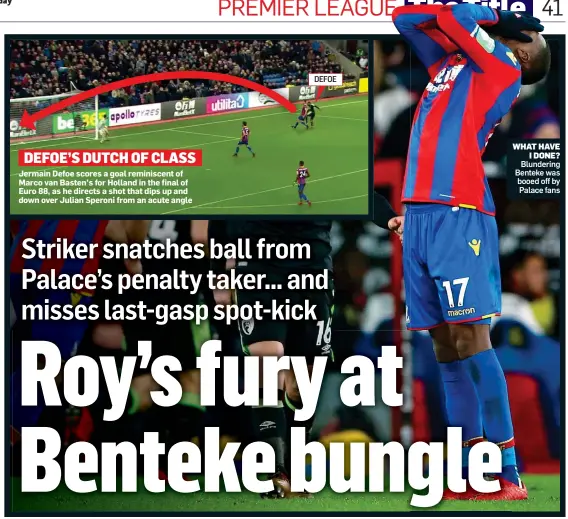  ??  ?? WHAT HAVE I DONE? Blundering Benteke was booed off by Palace fans