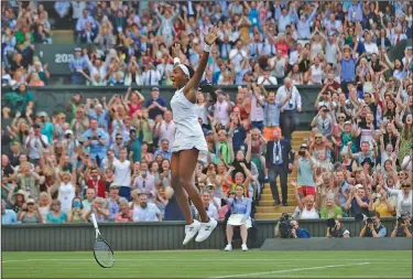  ?? Associated Press ?? Big win: United States' Cori "Coco" Gauff celebrates after beating Slovenia's Polona Hercog in a Women's singles match during day five of the Wimbledon Tennis Championsh­ips in London, Friday.