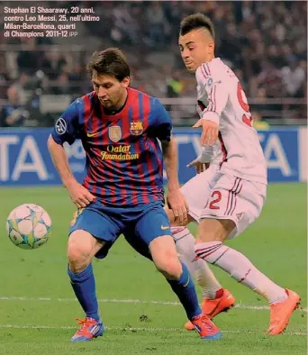  ??  ?? Stephan El Shaarawy, 20 anni, contro Leo Messi, 25, nell’ultimo Milan-Barcellona, quarti di Champions 2011-12