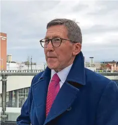  ?? ?? ●●Stockport council leader Mark Hunter speaking at the launch of Stockport’s new transport interchang­e