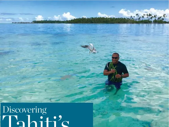  ?? VAWN HIMMELSBAC­H PHOTOS ?? Samuel Tamachu, a guide with Heremana Tours in Taha’a offers excursions into the lagoon to swim with stingrays and reef sharks.