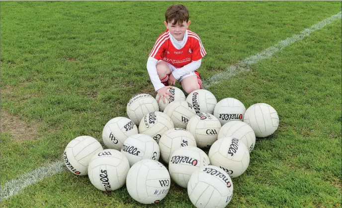  ??  ?? Conal Kelly, son of Louth manager Colin Kelly, tending to the footballs before Sunday’s clash at Parnell Park.